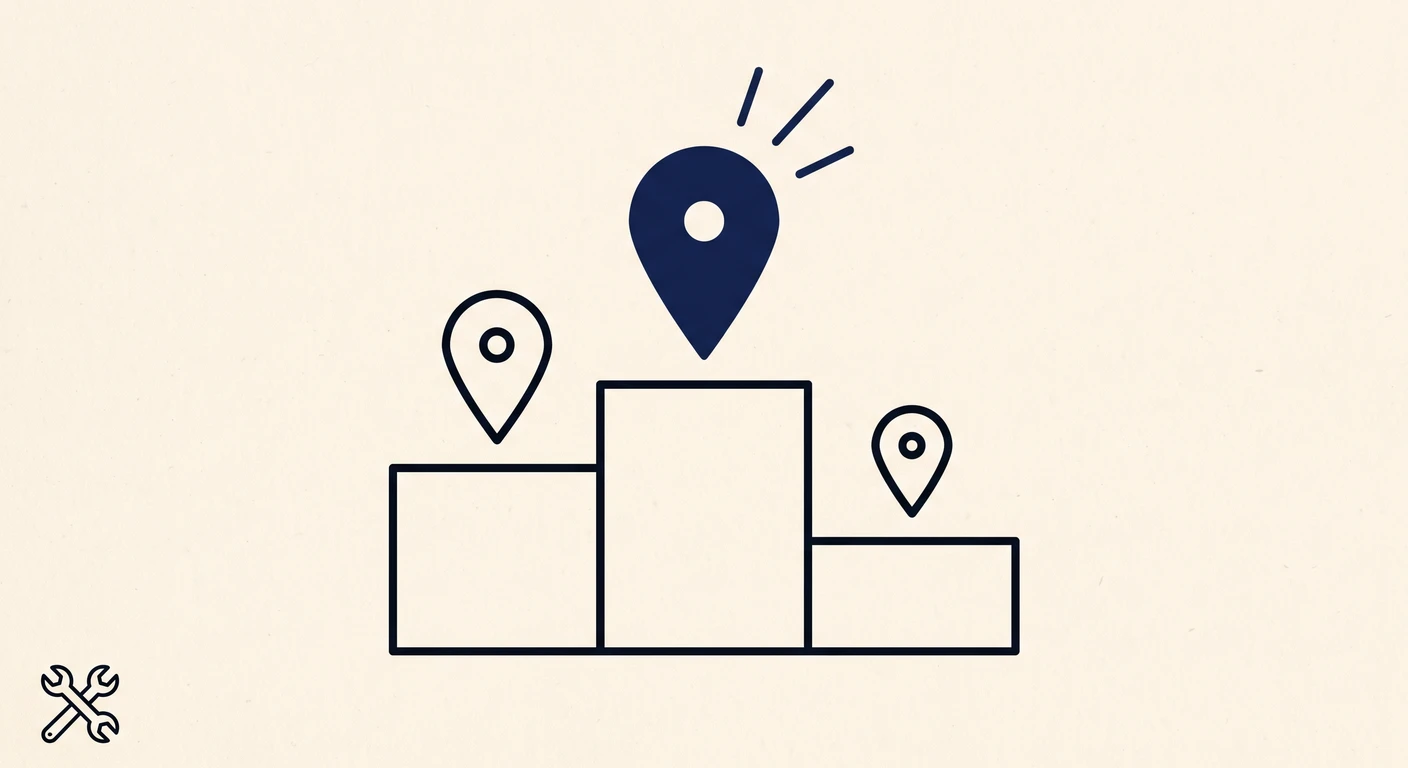 Illustration of a winner's podium with three location pins: Google 3-Pack ranking for trades businesses