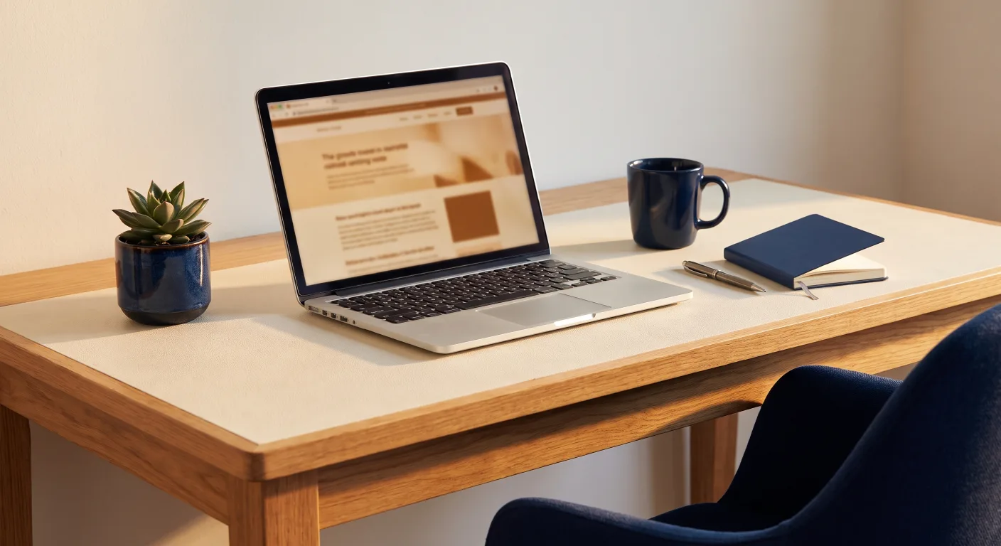 Minimalist desk with a laptop showing a blurred web page, a mug and a notebook in cream and navy tones